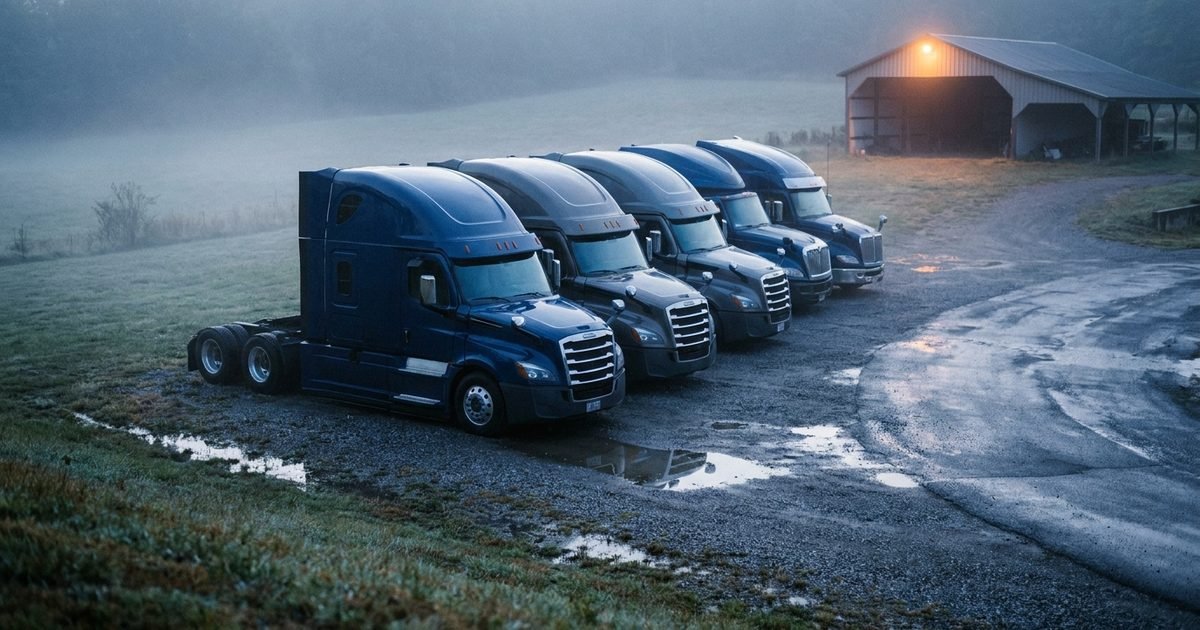Semi trucks parked in a row in a small carrier yard at dawn with mist over wet asphalt