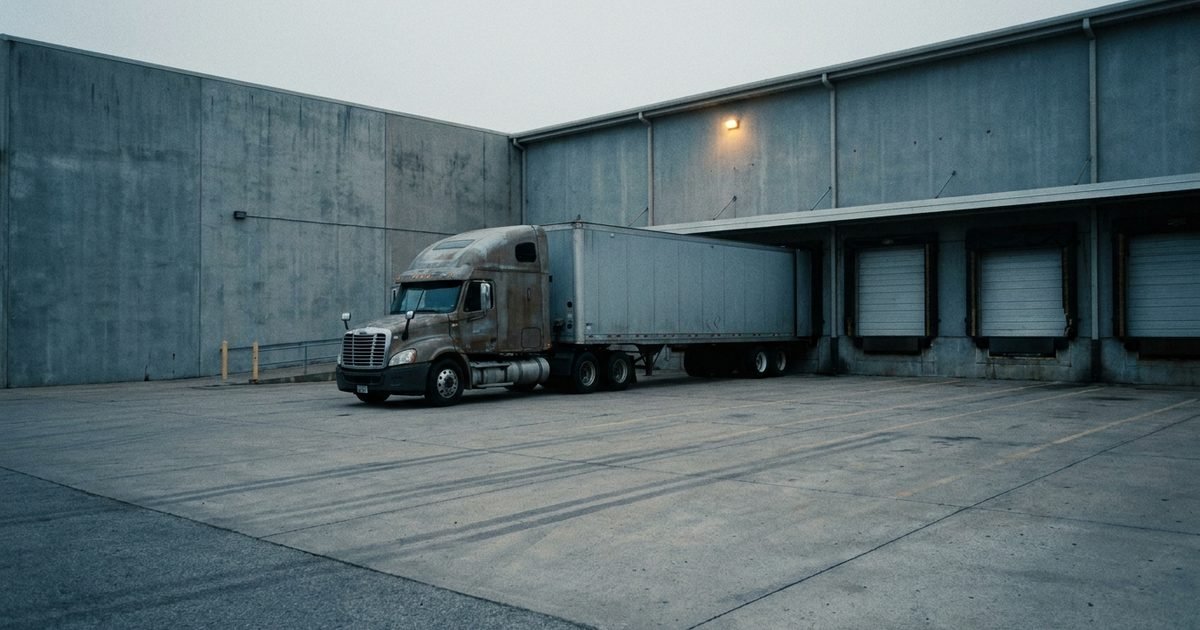 A single semi truck backed into an empty warehouse loading dock under flat overcast light
