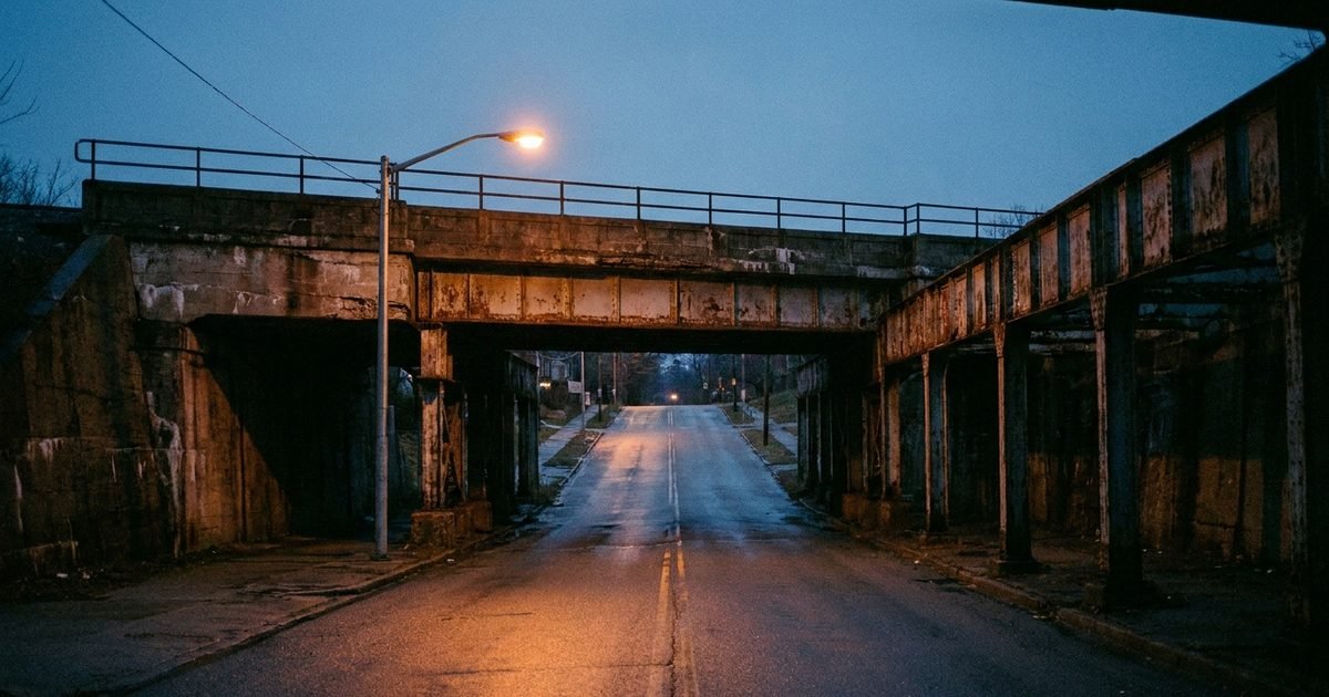 A low concrete railway overpass crossing a two-lane road at dusk seen from the road
