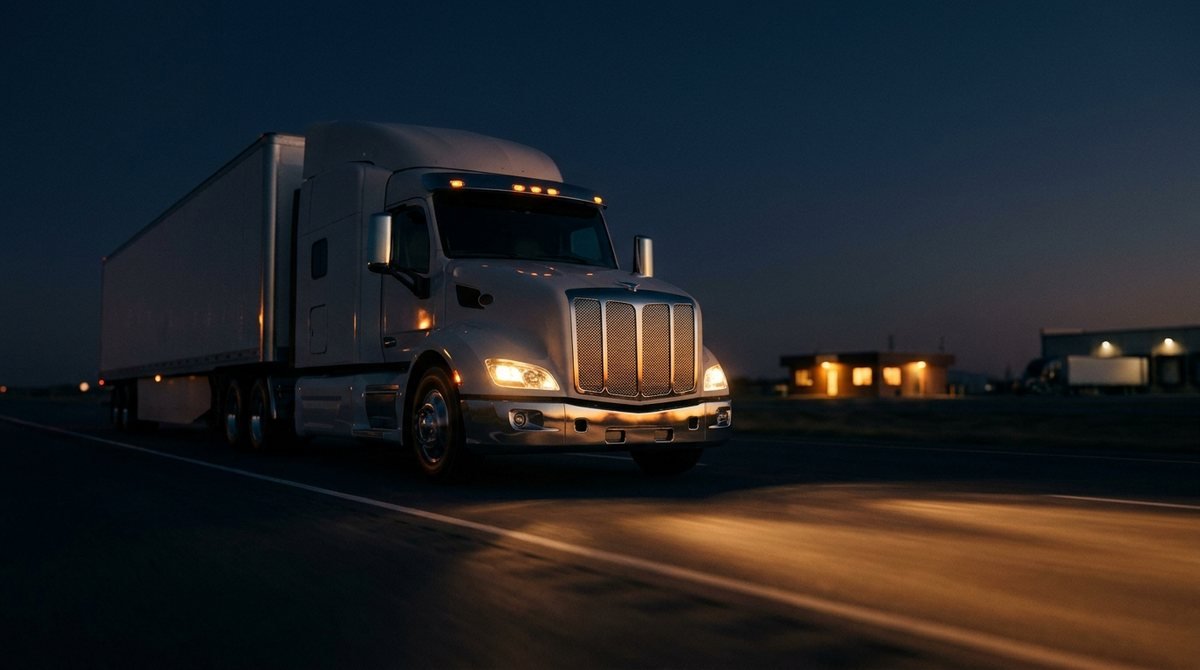 A truck on the interstate at dusk with a lit dispatch office and loading dock behind it