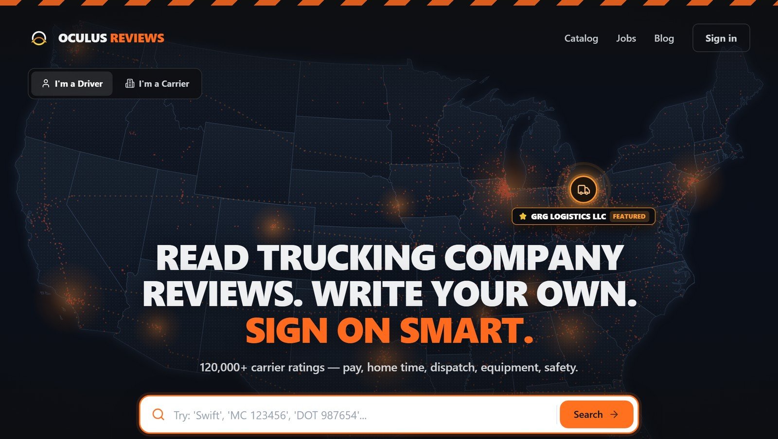 The Oculus Reviews home page: a dark map of the United States with carrier activity glowing across it