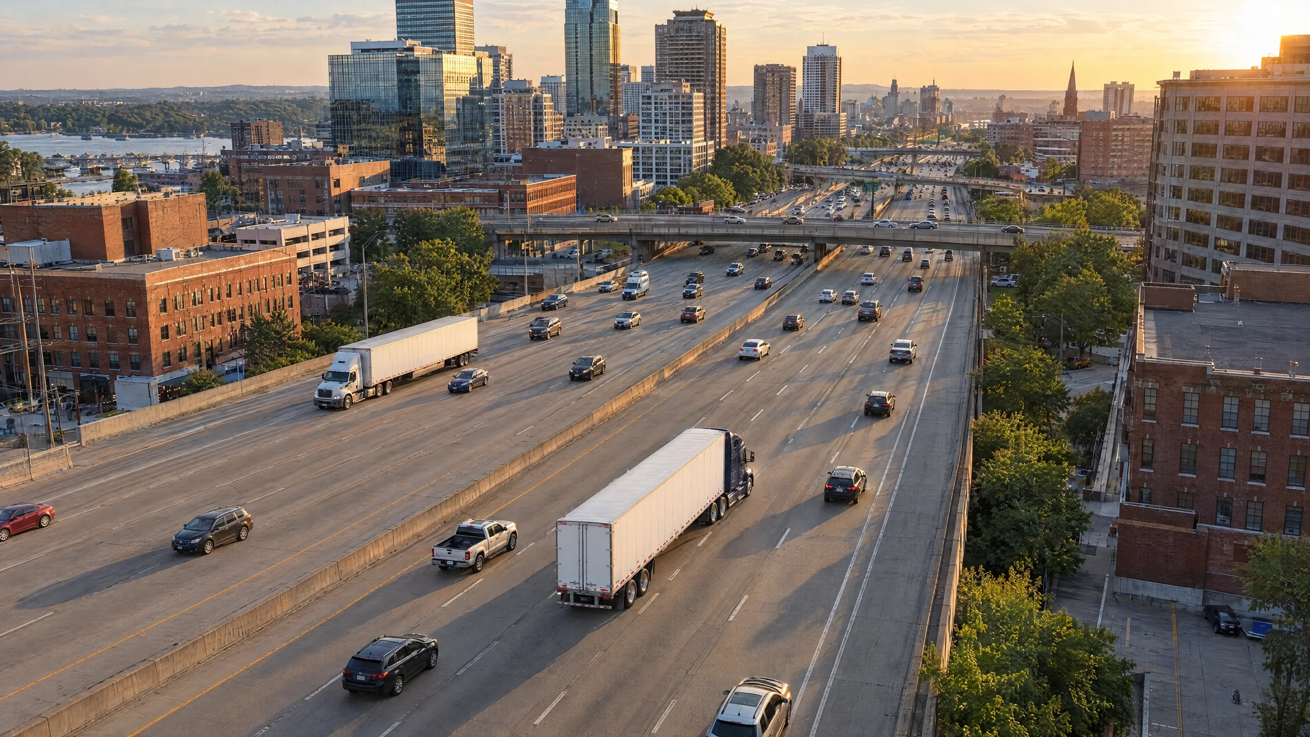 A semi-truck with a white trailer on a city highway at golden hour